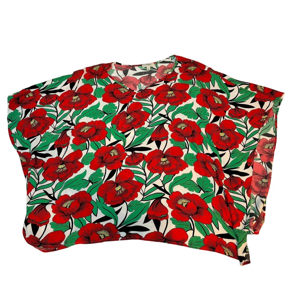 Umgee Red Green Floral Gauzy Kimono Tropical Artsy Top Size M/L
